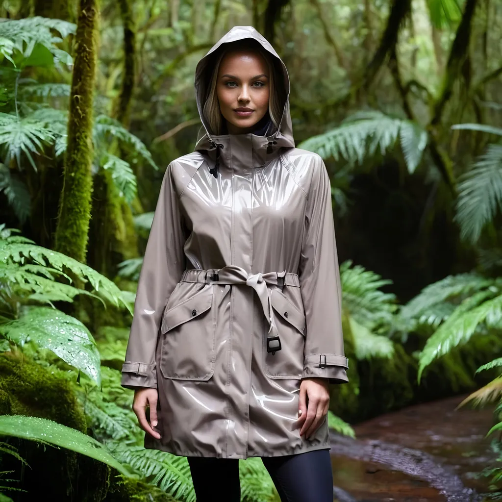Prompt: taupe with raincoat in a british rainforest 