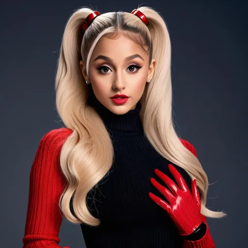 Prompt: Hyper realistic blonde Ariana Grande wearing a long knitted sweater red and black latex long gloves with very detailed hands, with five fingers and no distorsions full ultra hd and 64k 