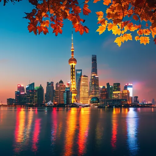 Prompt: Autumn night scene in Shanghai, (vibrant city lights), (golden autumn leaves), urban skyline illuminated, cool tone lighting, cozy atmosphere, reflections on water, rich textures, serene ambiance, high detail, 4K quality, atmospheric perspective capturing the beauty of the night in a bustling city during autumn.