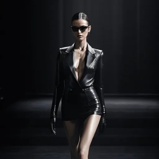 Prompt: Saint Laurent (fashion brand inspiration), high fashion, elegant silhouette, modern chic, luxurious textures, dark and moody color palette, refined detailing, minimalist backdrop, high-end runway atmosphere, glamorous flair, sophisticated accessories, captivating compositions, visually stunning, ultra-detailed, 4K, cinematic lighting, classy ambiance.