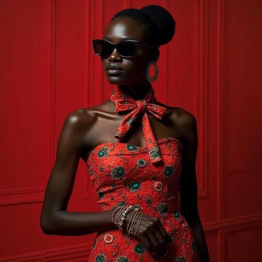 Prompt: (Alek Wek wearing Prada), high fashion, (striking presence), elegant poses, stunning outfit, rich textures, (vibrant colors), luxurious fabrics, presidential ambiance, (sophisticated styling), contemporary background, bold shapes, (ultra-detailed), dramatic lighting, couture elements, (high quality), fashion photography aesthetic.