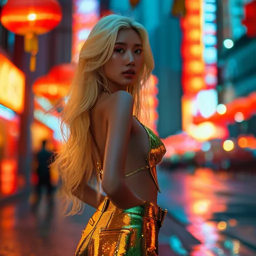 Prompt: (Chinese blonde top model), wearing dazzling (golden hot pants), elegantly striding through vibrant Shanghai streets, illuminated by colorful city lights, modern skyscrapers reflecting a lively atmosphere, stylish and confident pose, warm hues highlighting the evening ambiance, bustling urban background, ultra-detailed, photorealistic depiction showcasing fashion and dynamic energy.