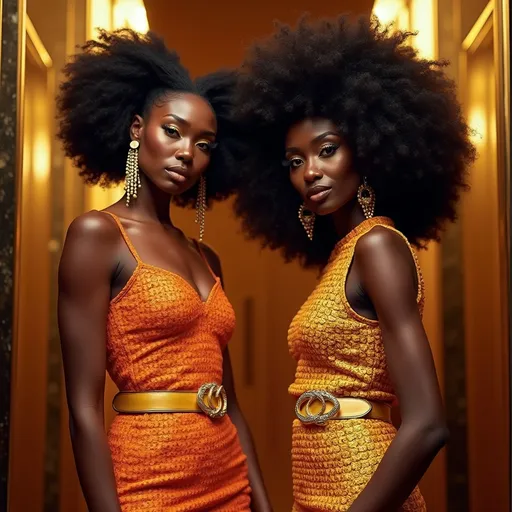 Prompt: (Alek Wek and Naomi Campbell), stylishly dressed in (Moschino), featuring a prominent (logo belt), posing confidently against a glamorous backdrop, showcasing high fashion elegance. The scene radiates a vibrant atmosphere, with rich color contrasts and high detail, encapsulating the essence of luxury and style, perfect for a fashion magazine spread. (HD, ultra-detailed)