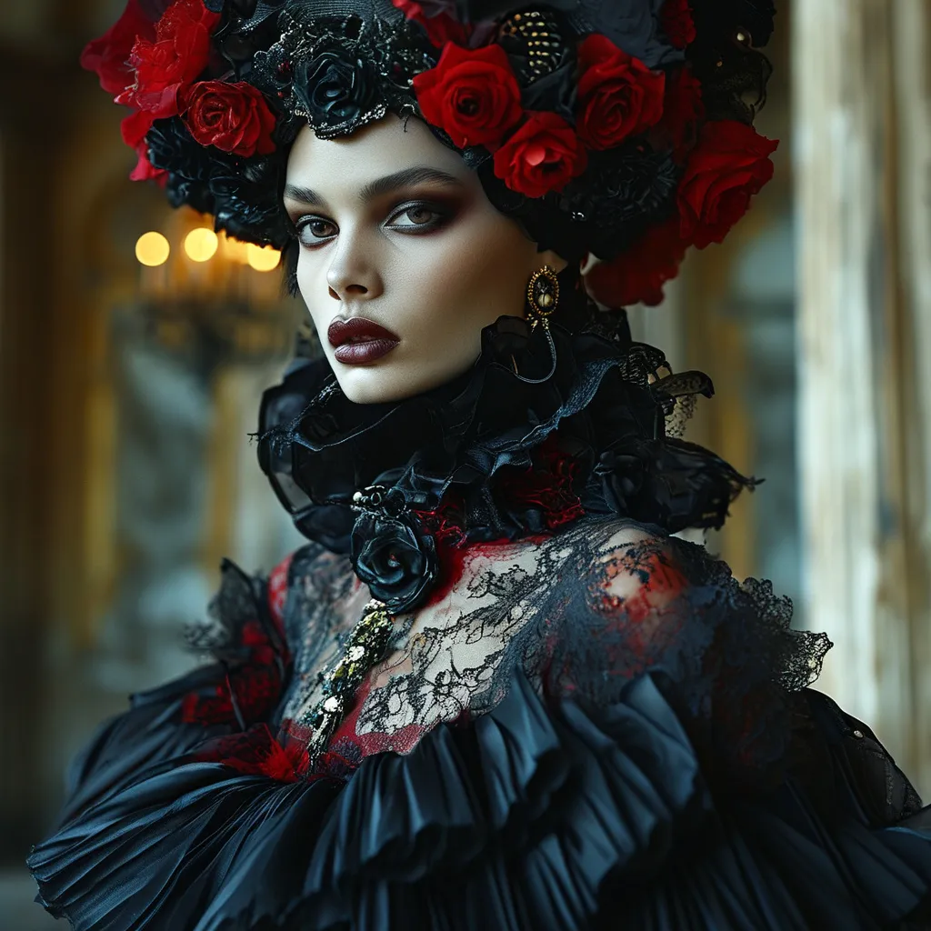 Prompt: (Valentino Halloween look), striking and luxurious fashion, eerie yet elegant design, avant-garde style, intricate details, bold colors featuring deep blacks and fiery reds, dramatic silhouettes, dark romantic ambiance, ethereal lighting emphasizing shadows, haute couture elements, gothic inspirations, stunning accessories, captivating atmosphere, ultra-detailed, 4K.