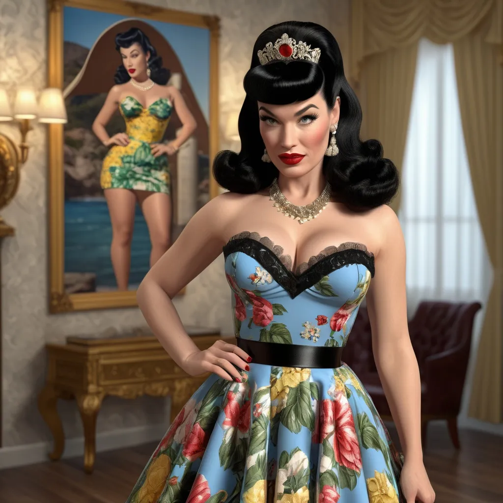 Prompt: Very detailed and hyper realistic Bettie Paige wearing a hyper realistic and very detailed Dolce&Gabbana dress 64k, ultra hd, 3d quality  500mpx reflex 