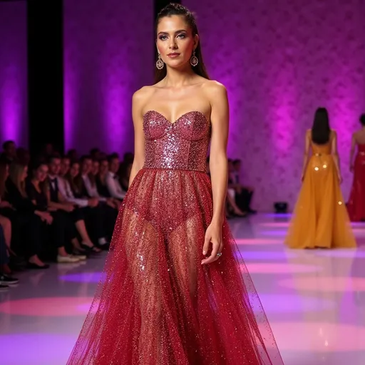 Prompt: (glamorous Gucci glittered long dress), dazzling sparkles, shimmering fabric, elegant elegance, high fashion, ultra-detailed, vibrant colors, dramatic flow, soft lighting, luxurious ambiance, poised and sophisticated, model showcasing the dress on a vibrant runway, stylish accessories, background featuring an upscale fashion event.