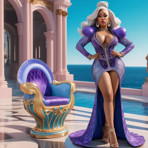 Prompt: Hyper realistic 64k 3d Ursula from The Little Mermaid as Cardi B in hyper realistic and very detailed 64 3d hd, wearing Pucci and heels outfit, very detailed Pucci dress 64k Reflex ultra hd quality and very detailed Pucci heels 64k ultra hd quality 