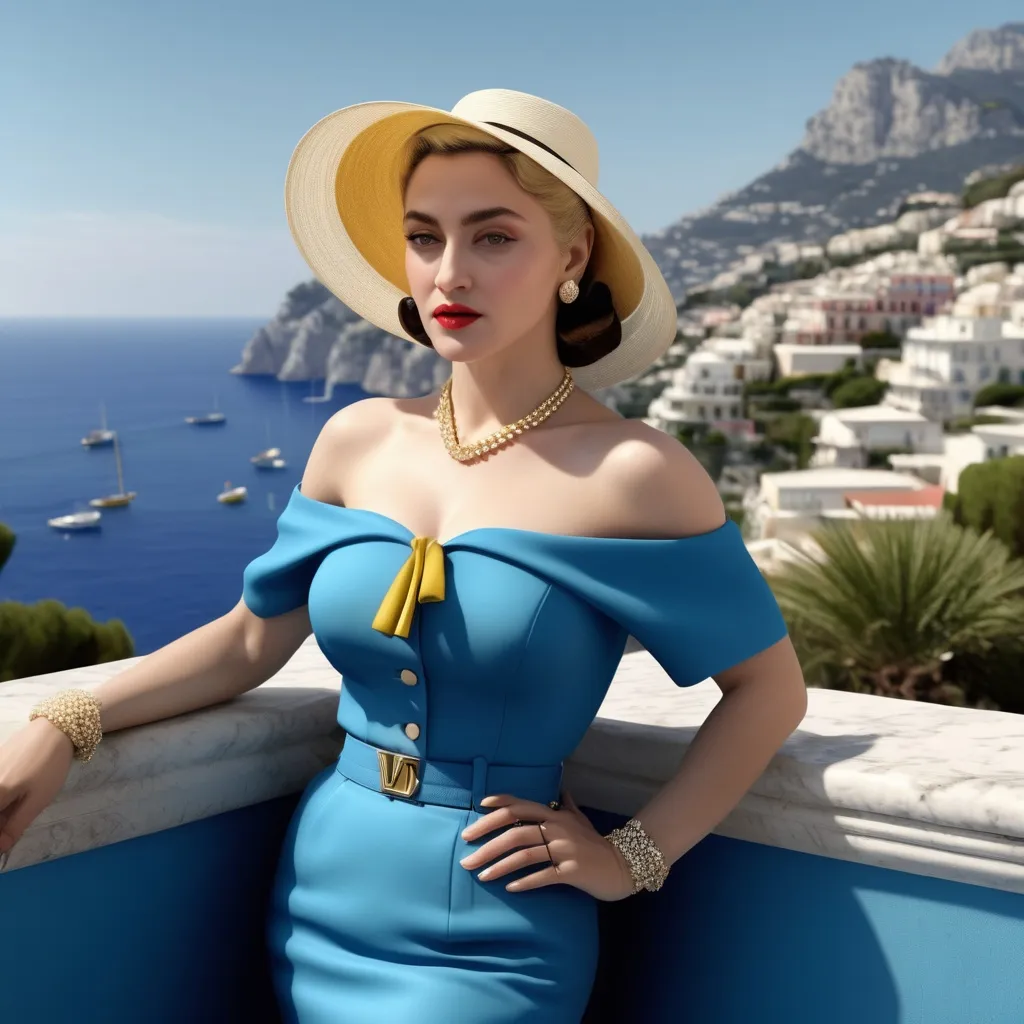 Prompt: Hyper realistic Young Madonna as an accurate 50s Italian woman in Capri wearing a hyper realistic Prada outfit 64k 3d hd 