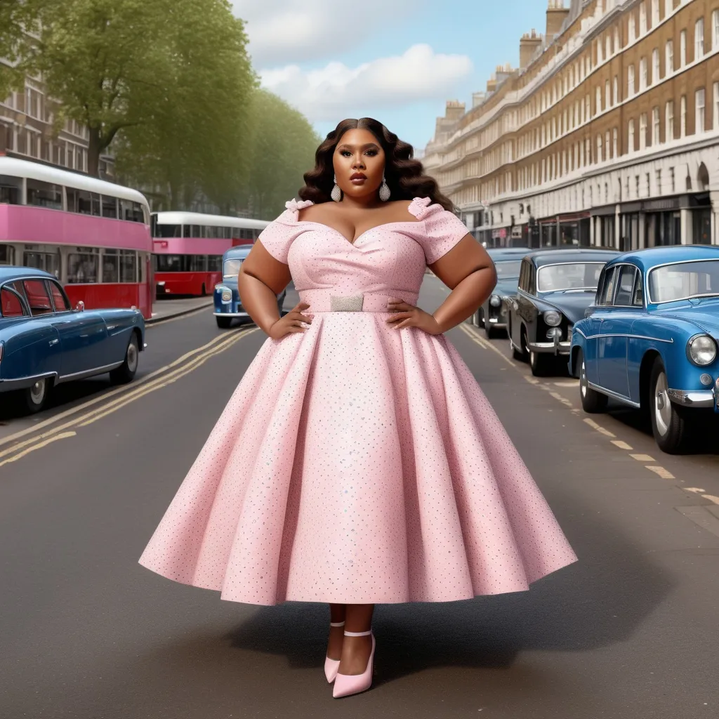 Prompt: Hyper Realistic and very detailed  Lizzo wearing a hyper realistic and very detailed Valentino 50s look with a very detailed Valentino dress and very detailed Valentino shoes in the centre of a very accurate 50s London 64k Hd, very accurate 3D 