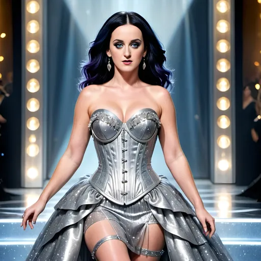 Prompt: Katy Perry (with long hair), wearing a (shimmering silver glittered corset dress) by Dolce&Gabbana, elegant pose, vibrant colors, high-fashion atmosphere, glamorous setting, bright lighting reflecting off the dress, evocative emotion, striking visual appeal, ultra-detailed, HD, emphasizing sparkle and texture, enchanting backdrop.