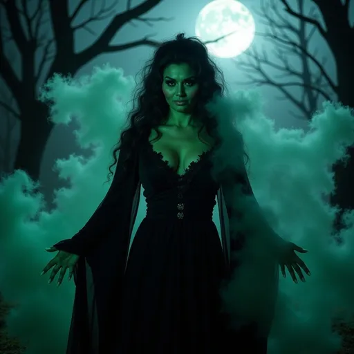 Prompt: Elphaba, standing confidently with a mixture of mystical elements, dark wispy smoke surrounding her, green vibrant skin, dramatic expression reflecting strength and complexity, flowing dark robes entwined with shadows, enchanting background featuring an eerie, enchanted forest under a moonlit sky, high contrast lighting emphasizing her magical aura, ultra-detailed, HD quality, theatrical and captivating atmosphere.