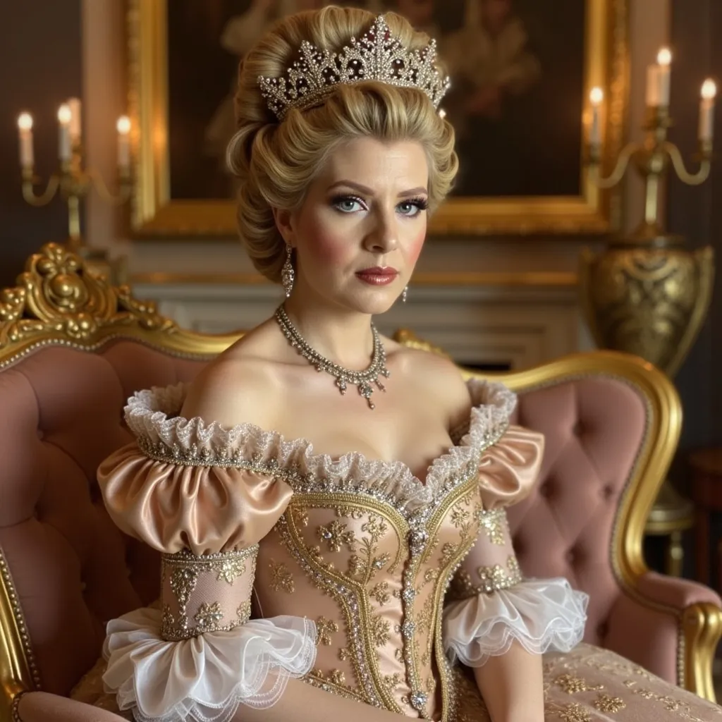 Prompt: Marie Antoinette, (opulent) 18th-century French fashion, lavish pastel colors, intricate lace detailing, (extravagant) ornate furniture, (soft) candlelight ambiance, luxurious palace backdrop, (historical) regal elegance, dramatic regal expression, (detailed clothing) elaborate gown with accessories, ultra-detailed, high quality, 4K resolution, cinematic masterpiece.