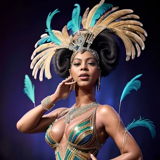 Prompt: (Beyoncé as Josephine Baker), channeling glamour and elegance, (vibrant colors), stunning 1920s attire with feathers and sequins, expressive pose embodying vitality and charisma, intricate background with Art Deco elements, (photorealistic), dramatic lighting highlighting sophistication, (ultra-detailed), capturing the essence of an iconic performance.