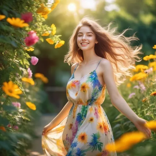 Prompt: (Summer girl), vibrant sunshine, wearing a breezy, colorful summer dress, joyful expression, surrounded by blooming flowers and greenery, light breeze in her hair, soft golden light, warm atmosphere, cheerful vibe, youthful energy, ultra-detailed, 4K quality, bright and lively colors, nature backdrop, capturing the essence of summer.