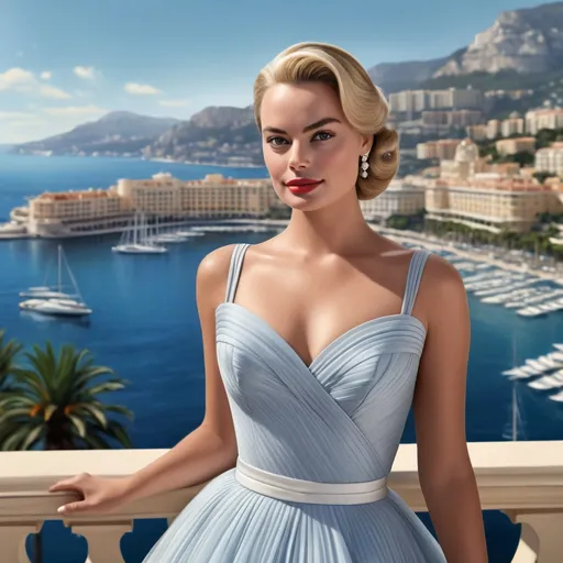 Prompt: Hyper-realistic full-body illustration of Margot Robbie as Grace Kelly, detailed outfit, Monte Carlo Bay in the background, hyper-realistic, detailed features, realistic lighting, high quality, realistic view, professional, detailed, glamorous, actress, iconic, classic dress, Monaco, coastline, elegant, realistic setting, highres, detailed portrait, 64k reflex 