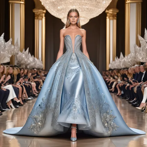 Prompt: Cinderella in Paco Rabanne, modern haute couture, elegant ball gown, glass slippers, high fashion, luxurious fabric, intricate details, runway-ready, high-end, glamorous, fairytale twist, best quality, highres, fashion illustration, modern, opulent, sophisticated, dramatic lighting, chic color tones