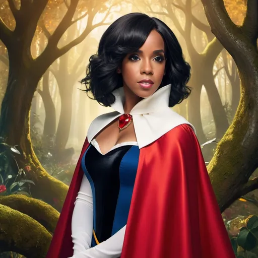 Prompt: (Kelly Rowland as Snow White), (fairytale character), wearing a vibrant red cape, classic white collar blouse, and black bodice, with dark hair styled in a beautiful bob, set in a whimsical forest background with enchanting trees and soft golden light filtering through, (magical ambiance), (highly detailed), (ultra-detailed), (stylized).