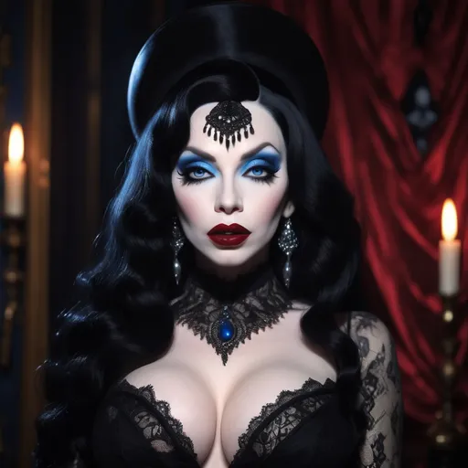 Prompt: (Amanda Lepore as Elvira), (gothic elegance), dramatic makeup, long dark wig, vintage gothic attire, deep crimson lips, striking blue eyes, sultry pose, eerie yet glamorous vibe, intricate lace details, moody lighting, haunted background, saturated colors, (4K resolution), ultra-detailed, captivating atmosphere, blending classic horror and high-fashion, an iconic homage to the beloved character, richly textured and cinematic aesthetics.