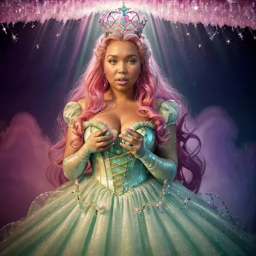 Prompt: (Lizzo as Glinda by David Lachapelle), stunning character portrayal, magical atmosphere, elegant pink gown, sparkling crown, playful and radiant expression, surrounded by whimsical clouds, soft glowing lighting, dreamlike scene, high-quality 4K illustration, fairy-tale charm mixed with pop icons, enchanting background with hints of emerald green, vibrant and colorful palette.