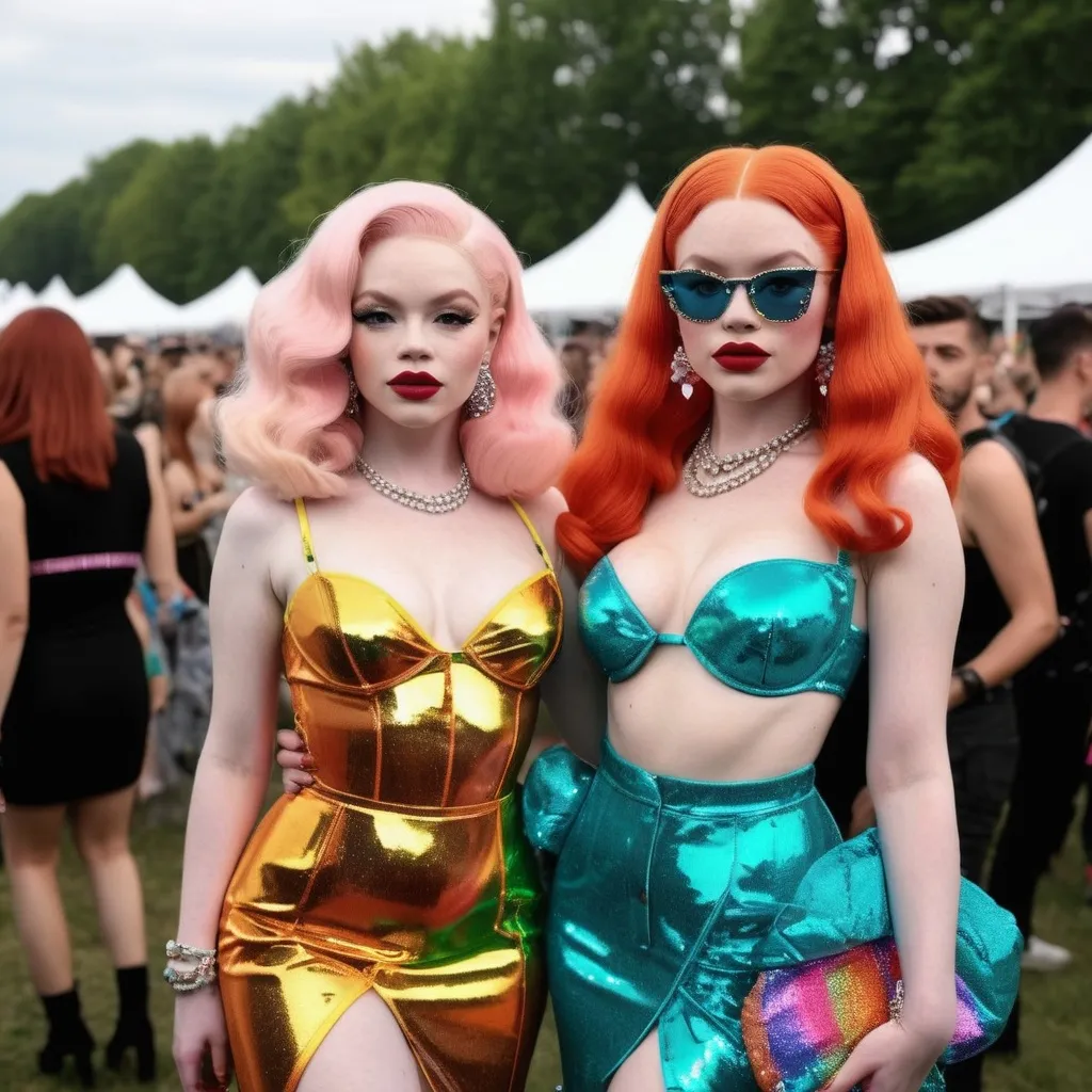 Prompt: Hyper realistic Sadie Sink as Amanda Lepore ready with a rave party festival total look in Berlin ready to party 