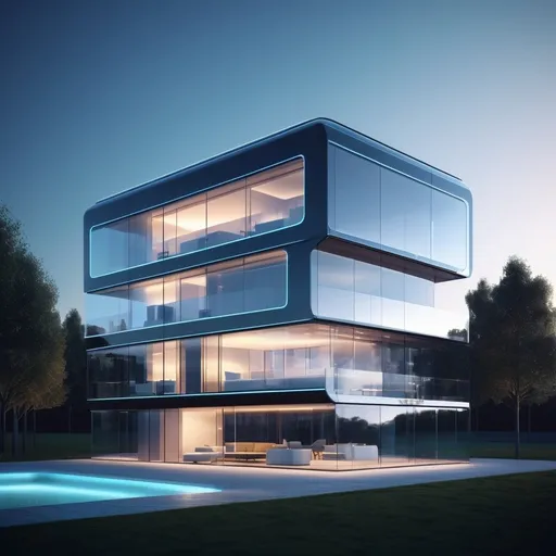 Prompt: Futuristic 3D render of a smart residential building, sleek and minimalistic design, high-tech glass exterior, futuristic architecture, intelligent lighting system, high resolution, professional, modern, cool tones, atmospheric lighting