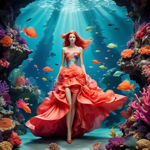 Prompt: (Ariel in Balenciaga), colorful underwater scene, bold fashion statement, playful elegance, intricate details in designer clothing, vivid colors, whimsical elements, surreal ambiance, flowing fabric blending with aquatic surroundings, surrounded by coral reefs and shimmering light, high depth cinematic quality, ultra-detailed presentation.