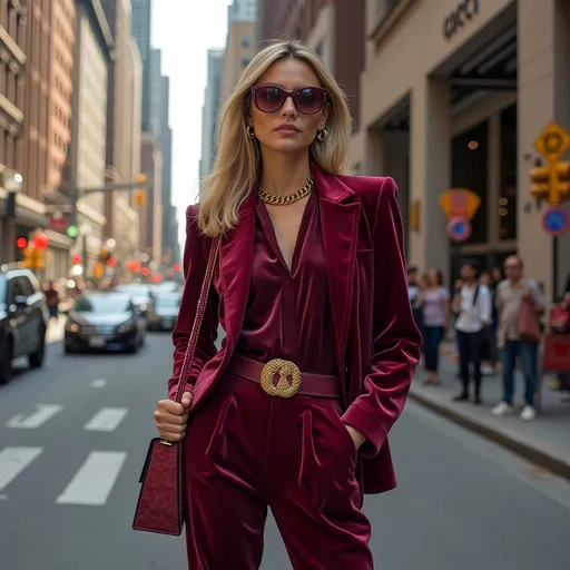 Prompt: Gucci Complete Woman Day Look, New York City streets, sophisticated velour fashion, rich burgundy shades, vibrant urban backdrop, stylish accessories, confident pose, elegant details, soft sunlight enhancing textures, high fashion ambiance, chic metropolitan vibe, ultra-detailed, 4K quality, modern luxury atmosphere, urban sophistication, fashion-focused.