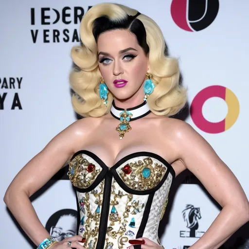 Prompt: Highly detailed image of Katy Perry as Madonna as Amanda Lepore wearing a very glamorous and high fashionable highly detailed 64k 3D dress by Versace