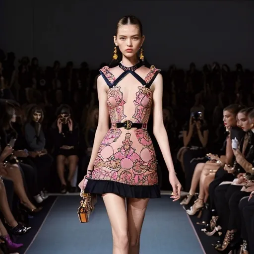 Prompt: (Miu Miu dress), (high fashion), vibrant colors, stylish elegance, chic design, soft fabric folds, intricate details, luxurious textures, fashion runway ambiance, ultra-detailed, glamorous lighting, captivating silhouette, artistic presentation, modern haute couture, fashion statement, innovative styling, fashionable setting, stunning visual appeal.