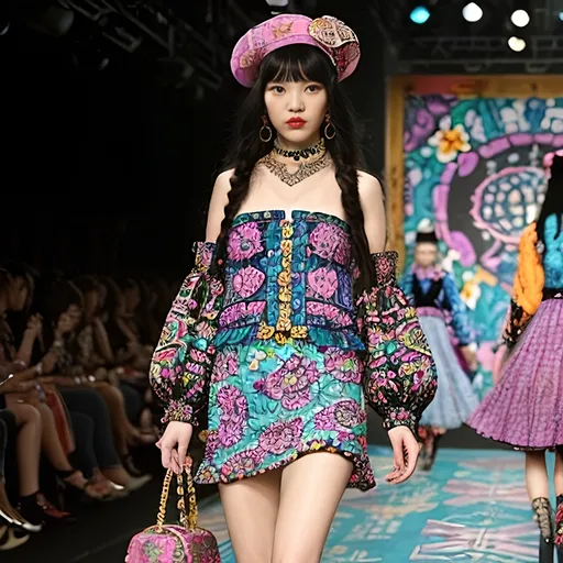 Prompt: (Anna Sui fashion design), vibrant colors, bold patterns, intricate details, whimsical designs, eclectic style, runway inspiration, haute couture vibe, lively atmosphere, floral motifs, 90s nostalgic influence, high fashion elegance, luxurious textiles, stunning accessories, diva-like presence, urban chic background, ultra-detailed, HD quality.