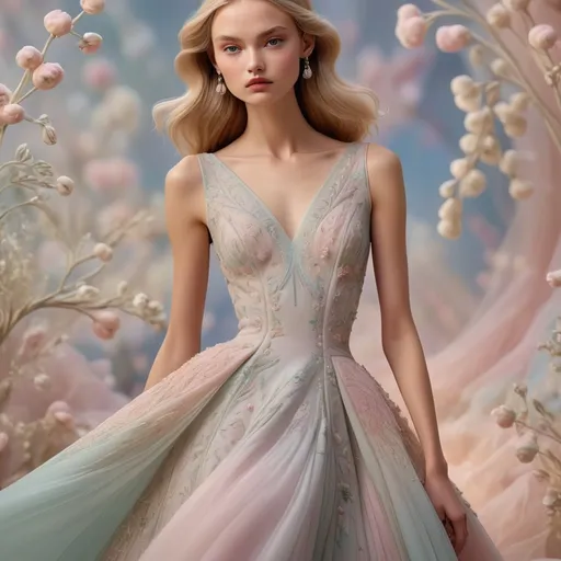 Prompt: Dior (delicate dress), elegantly designed seams, luxurious fabric textures, flowing silhouette, pastel color palette, soft lighting effect, feminine charm, haute couture style, intricate embroidery, enchanting dress details, surrounded by a graceful backdrop, ethereal ambiance, high fashion atmosphere, ultra-detailed, 4K quality.