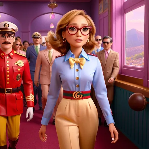 Prompt: Jennifer Lopez wearing Gucci outfit in a Wes Anderson scenario 