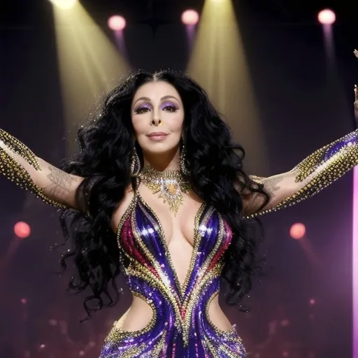 Prompt: (Cher), iconic singer and cultural icon, adorned in a stunning and extravagant costume, sparkling sequins reflecting light, dramatic pose, wavy black hair, vibrant colors, high fashion, expressive facial features, captivating ambiance, concert stage backdrop, warm spotlight shining down, HD, ultra-detailed, a glamorous and powerful atmosphere.