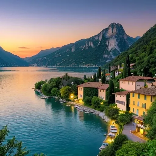 Prompt: (Garda Lake), breathtaking panoramas, tranquil waters reflect the sky, vibrant and lush green hills surround the lake, picturesque villages dot the shores, warm sunset colors create a magical atmosphere, nature's serenity, vast open sky, (ultra-detailed), serene ambiance, a perfect escape, idyllic and peaceful setting, inviting and calm scene.