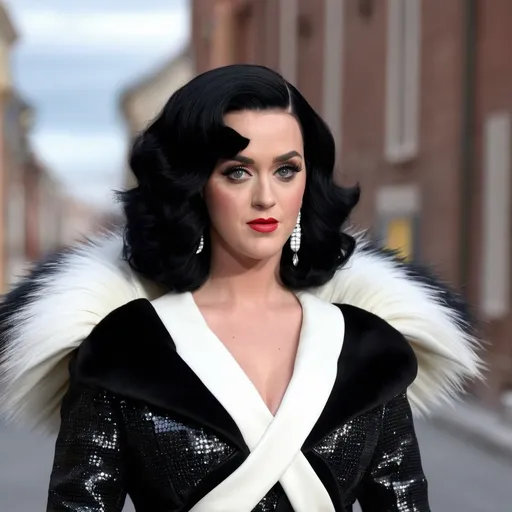 Prompt: A hyper realistic Katy Perry as Cruella in a Moschino very detailed and accurated 64k quality HD 3D outfit