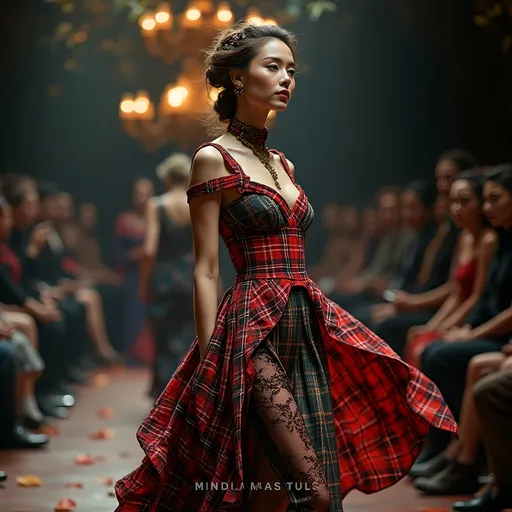 Prompt: (Vivienne Westwood tartan dress), high-fashion design, avant-garde styling, intricate patterns, flowing fabric, bold colors, dramatic silhouette, vintage flair, stunning textures, luxurious details, soft lighting, artistic presentation, elegant aura, ultra-detailed, 4K quality, cinematic elegance, meticulously crafted, fashion-forward atmosphere, runway inspiration.