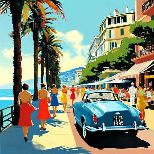 Prompt: (1950s vintage scene in Nice), vibrant colors, nostalgic atmosphere, sunny seaside, classic cars, sunbathers on the beach, women in elegant summer dresses, men in stylish suits, palm trees swaying, serene azure waters, charming architecture, detailed herringbone tiles on the promenade, warm sunlight casting soft shadows, ultra-detailed, cinematic style, capturing the essence of a bygone era.