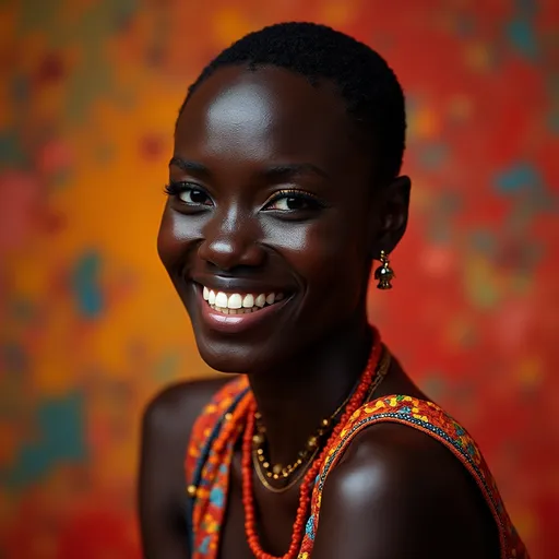 Prompt: (Alek Wek), captivating portrait, striking facial features, radiant smile, expressive eyes, vibrant background with abstract patterns, warm and inviting colors, high contrast shadows, dramatic lighting, showcasing texture and depth, ultra-detailed, 4K resolution, artistic blend of modern and traditional influences, highlighting cultural essence and beauty, celebrating uniqueness and individuality.