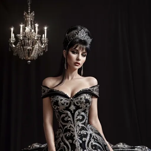 Prompt: (Elvira), (stunning Dolce&Gabbana dress), elegant pose, luxurious fabric, high fashion details, silver and black color tones, dramatic flair, (vibrant), glamorous ambiance, captivating expression, richly adorned background, enhanced textures, ultra-detailed, intricate design, cinematic lighting, regal atmosphere, striking accessories, high quality.