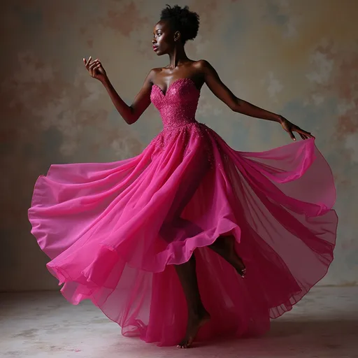 Prompt: (Alek Wek in a Valentino pink dress), elegant jump fashion pose, high-fashion portrait, (vibrant colors), striking fuchsia gown, intricate details on the dress, soft lighting highlighting textures, luxurious ambiance, abstract  background, ultra-detailed, fashion photography style, showcasing grace and beauty, emphasis on the interplay of light and fabric.