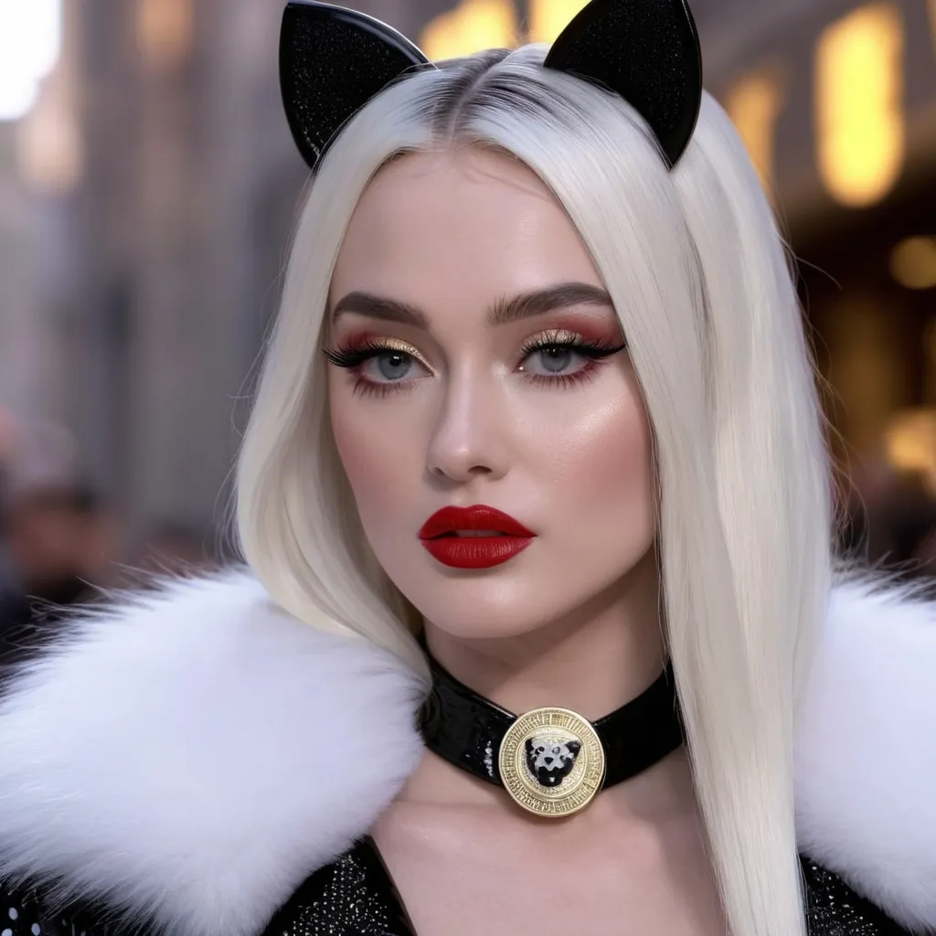 Prompt: A hyper realistic Kim Petras as Cruella in a Versace very detailed and accurated 64k quality HD 3D 