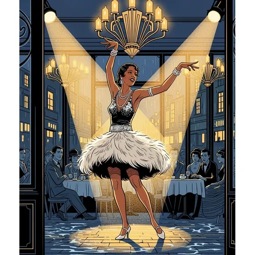 Prompt: Visualize Josephine Baker in a vibrant 1920s Parisian café, her striking presence commanding the room. She is captured mid-performance, wearing her iconic feathered skirt and sparkling jewels, radiating confidence and charisma. Bright spotlights cast warm, golden hues on her skin, accentuating the elegance of her pose as she dances, arms gracefully extended, with an infectious smile that captivates her audience. The intimate café is alive with the glow of art deco chandeliers and the soft chatter of patrons, creating a lively yet nostalgic atmosphere. Outside, a gentle rain creates a dreamy sheen on the cobblestone streets, blurring the lights from nearby buildings. Suggest a style of 'art deco illustration with bold colors and dynamic lines' to perfectly encapsulate this moment.
