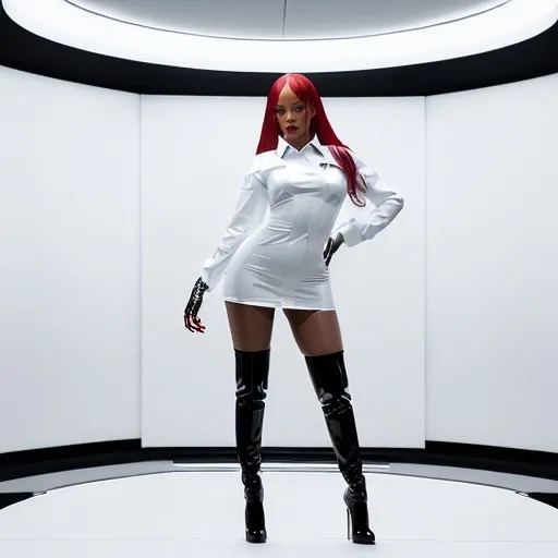 Prompt: hyper-realistic Rihanna, (wearing a white men’s shirt as a dress), (high over-the-knees red latex high heel boots), futuristic studio set, (vibrant lighting), (sleek backdrop), (high contrast), elegant pose, showcasing modern fashion, ultra-detailed textures, cinematic ambiance, evoking confidence and style, 4K quality, striking visual impact.