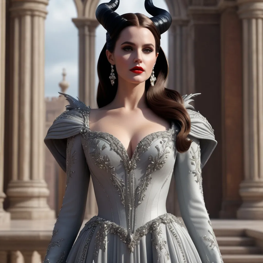 Prompt: Hyper realistic 64k 3d Maleficent in hyper realistic and very detailed 64 3d hd, as a very hyper realistic Lana Del Rey wearing a Valentino dress and heels outfit, very detailed Valentino dress 64k Reflex ultra hd quality and very detailed heels 64k ultra hd quality 