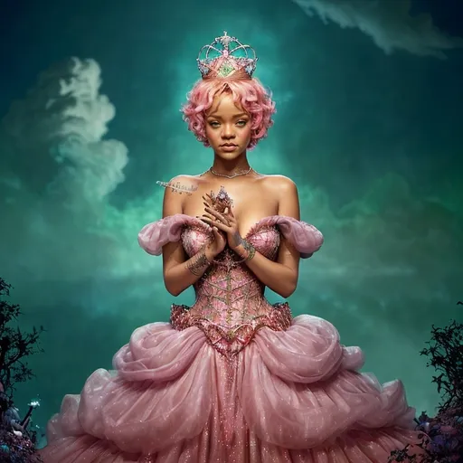 Prompt: (Rihanna as Glinda by David Lachapelle), stunning character portrayal, magical atmosphere, elegant pink gown, sparkling crown, playful and radiant expression, surrounded by whimsical clouds, soft glowing lighting, dreamlike scene, high-quality 4K illustration, fairy-tale charm mixed with pop icons, enchanting background with hints of emerald green, vibrant and colorful palette.