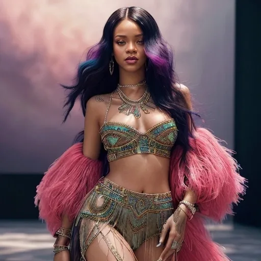 Prompt: (Highest quality photo), Rihanna with long hair and fringe photorealistic, (vibrant colors), elegant posing, luxurious outfit, intricate details on Dior clothing, radiant makeup, soft lighting accentuating her features, high fashion atmosphere, stylish accessories enhancing the look, dynamic background fitting an upscale fashion theme, ultra-detailed, captivating and confident vibe.