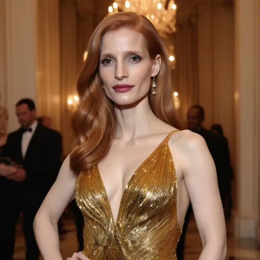 Prompt: Jessica Chastain wearing Versace with long straight air and separated simmetrically 