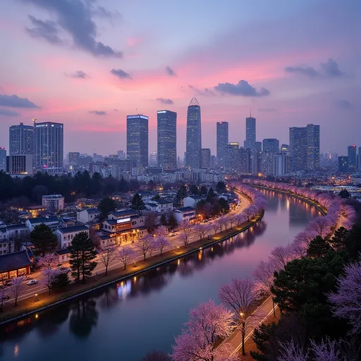 Prompt: Seoul skyline, vibrant cityscape, towering skyscrapers, traditional palaces blending with modern architecture, bustling streets, neon lights illuminating night, cherry blossoms, tranquil parks, (dynamic atmosphere), rich cultural heritage, colorful street markets, (high-quality 4K), cinematic depth, (warm hues during sunset), reflections on Han River.