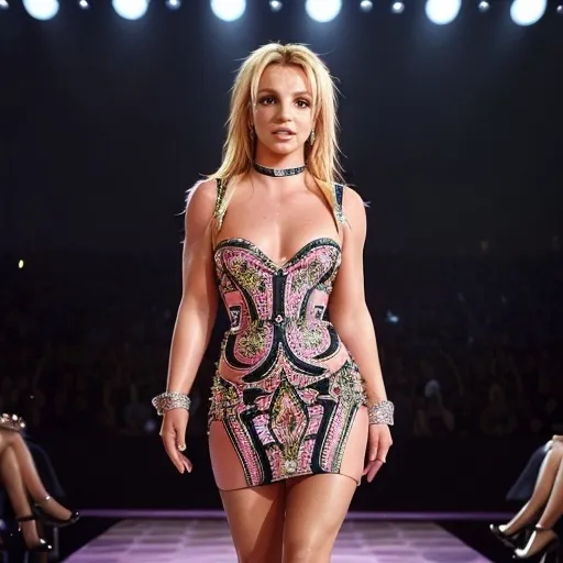 Prompt: (Britney Spears wearing a Miu Miu dress), (high fashion), ultra-detailed, photorealistic, glamorous, captivating expression, chic outfit, stylish accessories, vibrant colors, warm lighting, elegant ambiance, soft focus on background, polished and refined appearance, runway-inspired atmosphere, modern aesthetic, striking pose, high definition quality.