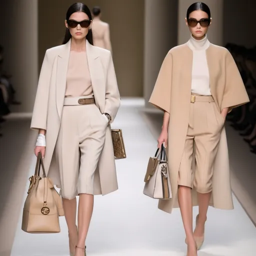 Prompt: (fashionable demure look), elegant Fendi outfits, sophisticated textiles, soft neutrals and pastels, sleek fashion design, beautiful draping, minimalistic accessories, refined silhouette, luxurious details, high-quality fabric textures, fashionable pose, chic atmospheric background, (ultra-detailed), modernity and elegance combined, captivating and stylish presentation.